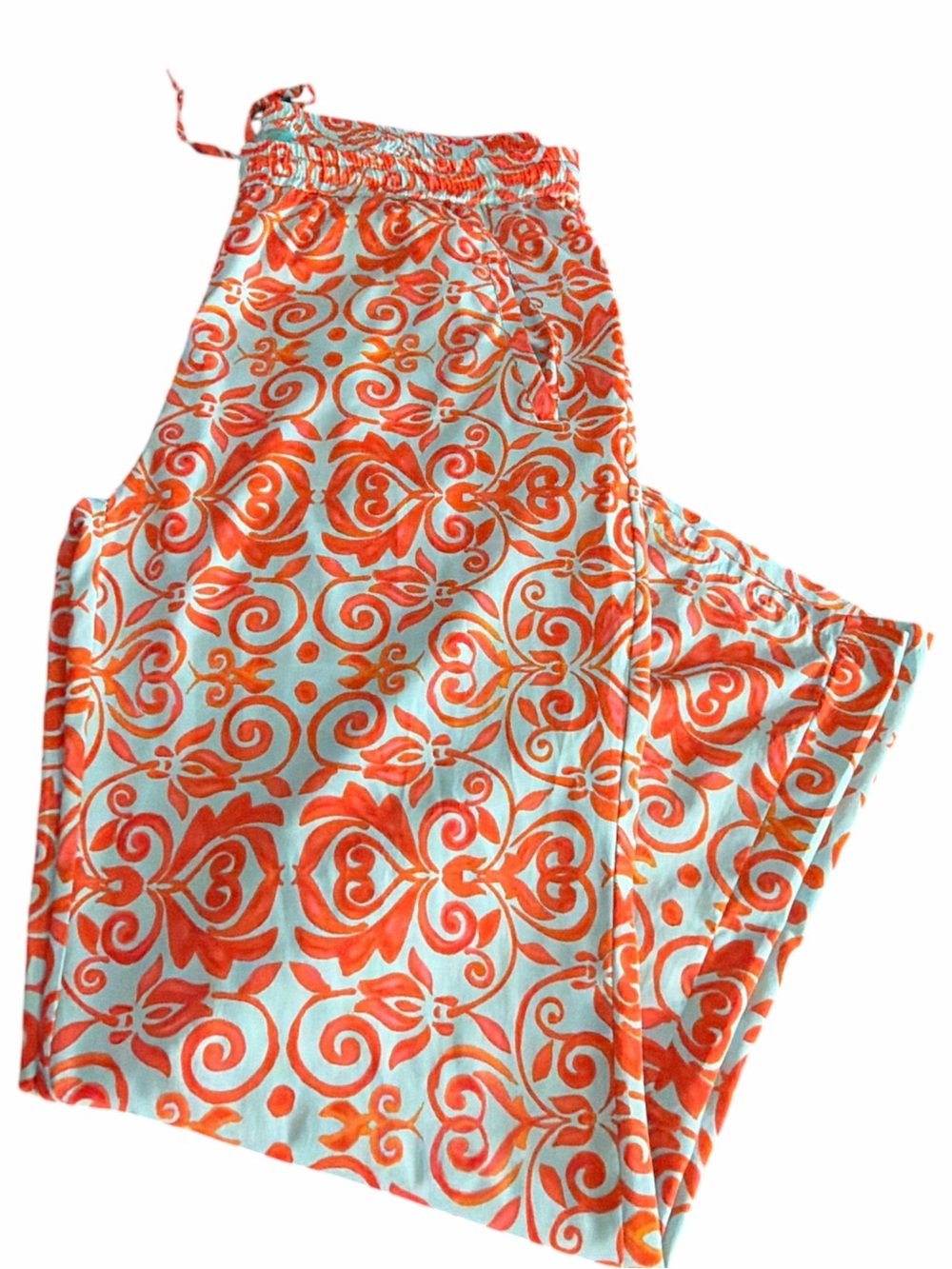 Orange Scroll-Print Drawstring Track Pants